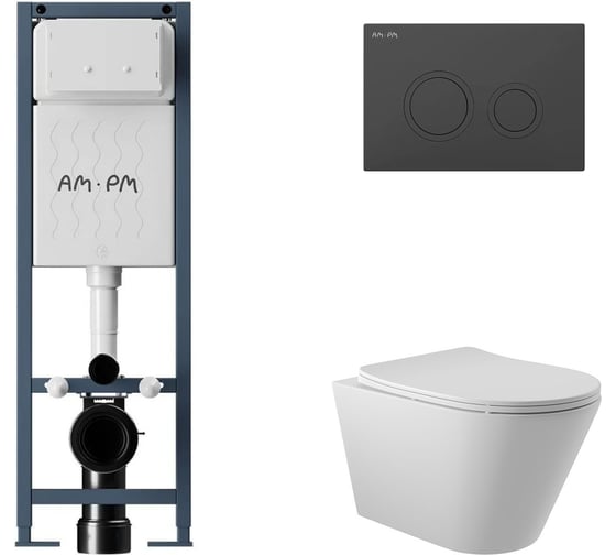 Комплект AM.PM ErgoFit инсталляция для подвесного унитаза с клавишей ErgoFit L пластик, черный матовый + унитаз подвесной 525x360 безободковый, сиденье Soft-Close, белый матовый, форма конус I012711.0138C0120 1