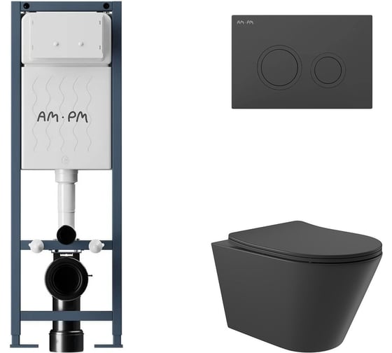 Комплект AM.PM ErgoFit инсталляция для подвесного унитаза с клавишей ErgoFit L пластик, черный матовый + унитаз подвесной 525x360 безободковый, сиденье Soft-Close, черный матовый, форма конус I012711.0138C0140 1