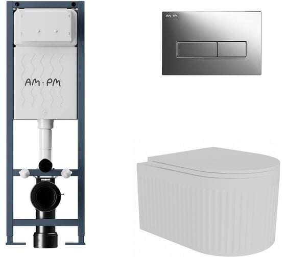 Комплект AM.PM ErgoFit инсталляция для подвесного унитаза с клавишей ErgoFit M пластик, хром глянц + FLUIRE 2101 Vortex унитаз подвесной безободковый, быстросъёмное сиденье с микролифтом, белый глян. I012711.0351AL.FLU42101.V.W 1