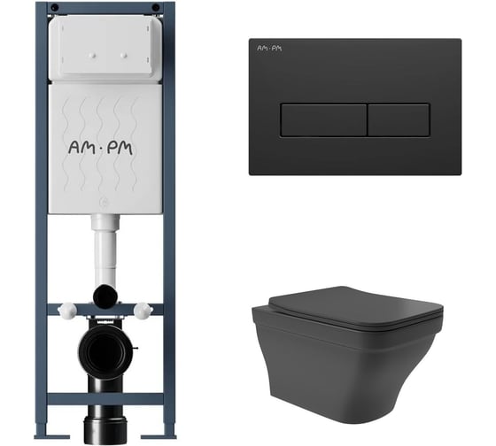 Комплект AM.PM ErgoFit инсталляция для подвесного унитаза с клавишей ErgoFit M пластик, черный матовый + унитаз подвесной 520x370 безободковый, сиденье Soft-Close, черный матовый, форма квадрат с выступом I012711.0338E0140 1