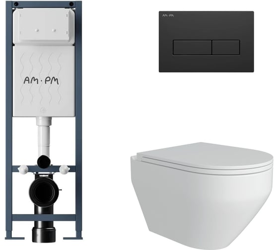 Комплект AM.PM ErgoFit инсталляция для подвесного унитаза с клавишей ErgoFit M пластик, черный матовый + FLUIRE 208 унитаз подвесной безободковый, быстросъёмное сиденье с микролифтом, белый глян. I012711.0338AL.FLU40208.W 1