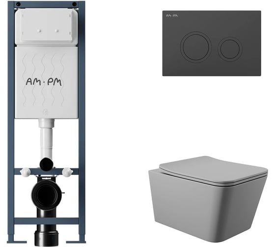 Комплект AM.PM ErgoFit инсталляция для подвесного унитаза с клавишей ErgoFit L пластик, черный матовый + унитаз подвесной 520x370 безободковый, сиденье Soft-Close, серый матовый, форма квадрат I012711.0138Q0130 1