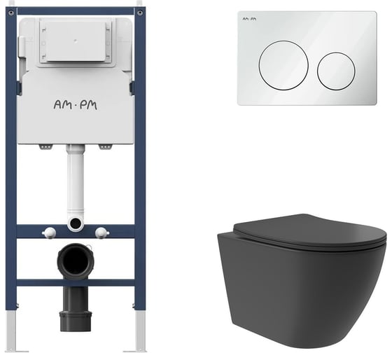 Комплект AM.PM инсталляция PrimeFit L, б/гл + унитаз подвесной Long 520x365 безободковый, Vortex, сиденье Soft-Close, черный матовый, форма овал I012709.0101OV0240 1
