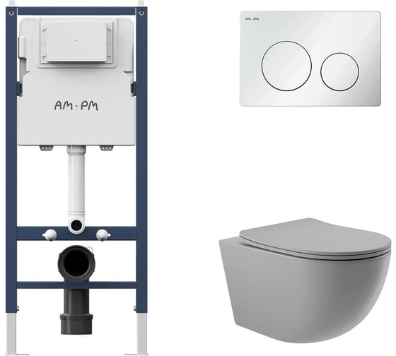 Комплект AM.PM инсталляция PrimeFit L, б/гл + унитаз подвесной 525x360 безободковый, сиденье Soft-Close, серый матовый, форма овал I012709.0101O0130 1