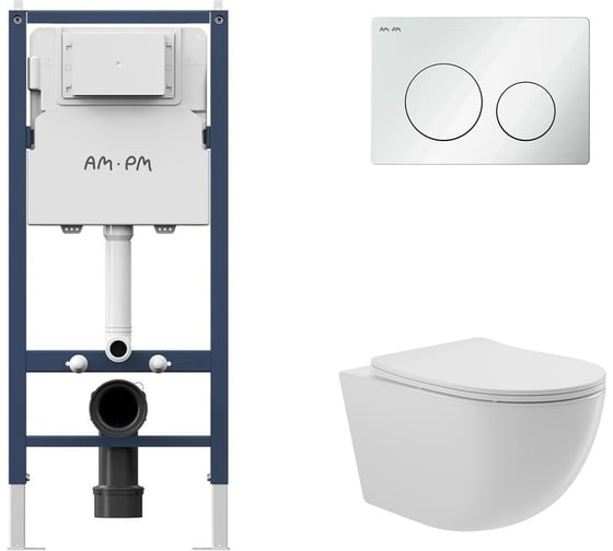 Комплект AM.PM инсталляция PrimeFit L, б/гл + унитаз подвесной 525x360 безободковый, сиденье Soft-Close, белый глянцевый, форма овал I012709.0101O0110 1