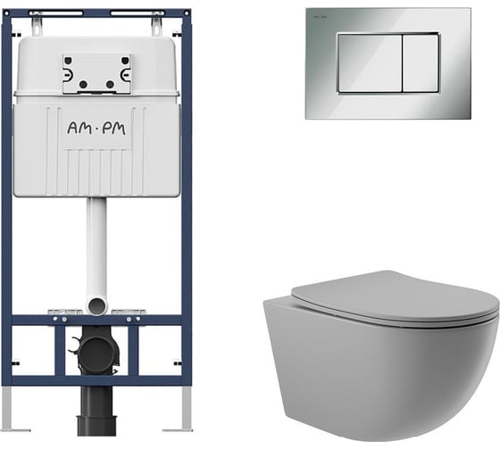 Комплект AM.PM MasterFit инсталляция для подвесного унитаза с клавишей ProC S, хром глянц + унитаз подвесной 525x360 безободковый, сиденье Soft-Close, серый матовый, форма овал I012710.0251O0130 1