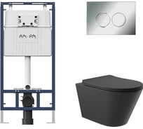 Комплект AM.PM MasterFit инсталляция для подвесного унитаза с клавишей ProC L, хром глянц + унитаз подвесной 525x360 безободковый, сиденье Soft-Close, черный матовый, форма конус I012710.0151C0140