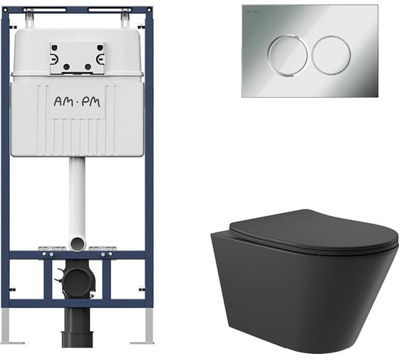 Комплект AM.PM MasterFit инсталляция для подвесного унитаза с клавишей ProC L, хром глянц + унитаз подвесной 525x360 безободковый, сиденье Soft-Close, черный матовый, форма конус I012710.0151C0140 1