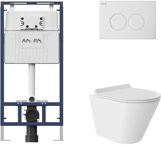 Комплект AM.PM MasterFit инсталляция для подвесного унитаза с клавишей ProC L, белый глянц + унитаз подвесной 480x360 безободковый, Vortex, сиденье Soft-Close, белый глянцевый, форма конус I012710.0101CV0110 1