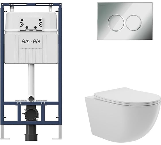 Комплект AM.PM MasterFit инсталляция для подвесного унитаза с клавишей ProC L, хром глянц + унитаз подвесной 525x360 безободковый, сиденье Soft-Close, белый глянцевый, форма овал I012710.0151O0110 1