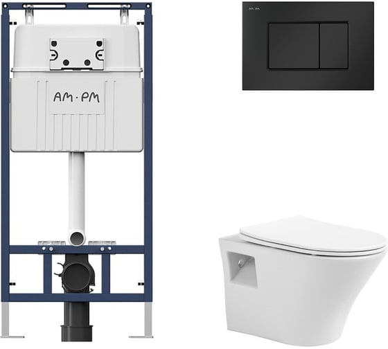 Комплект AM.PM MasterFit инсталляция для подвесного унитаза с клавишей ProC S, матовый черный + подвесной безободковый унитаз AVIMANO Promotion с крышкой-сидением из дюропласта с функцией soft-close и quick release I012710.02381000080 1
