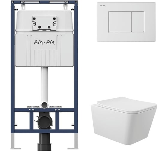 Комплект AM.PM MasterFit инсталляция для подвесного унитаза с клавишей ProC S, белый глянц + унитаз подвесной Long 525x345 безободковый, Vortex, сиденье Soft-Close, белый глянцевый, форма квадрат I012710.0201QV2110 1