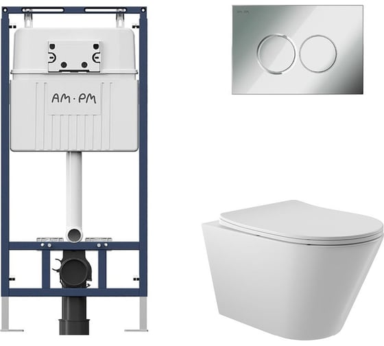 Комплект AM.PM MasterFit инсталляция для подвесного унитаза с клавишей ProC L, хром глянц + унитаз подвесной 525x360 безободковый, сиденье Soft-Close, белый глянцевый, форма конус I012710.0151C0110 1