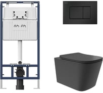 Комплект AM.PM MasterFit инсталляция для подвесного унитаза с клавишей ProC S, матовый черный + унитаз подвесной Long 525x345 безободковый, Vortex, сиденье Soft-Close, черный матовый, форма квадрат I012710.0238QV0240