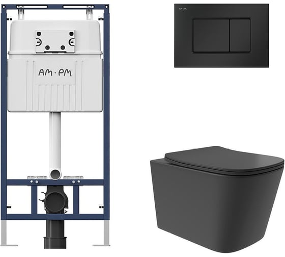 Комплект AM.PM MasterFit инсталляция для подвесного унитаза с клавишей ProC S, матовый черный + унитаз подвесной Long 525x345 безободковый, Vortex, сиденье Soft-Close, черный матовый, форма квадрат I012710.0238QV0240 1
