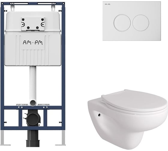 Комплект AM.PM MasterFit инсталляция для подвесного унитаза с клавишей ProC L, белый глянц + FLUIRE 901 унитаз подвесной безободковый, быстросъёмное сиденье с микролифтом, белый глян. I012710.0101AL.FLU40901.W 1