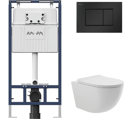 Комплект AM.PM MasterFit инсталляция для подвесного унитаза с клавишей ProC S, матовый черный + унитаз подвесной Long 520x365 безободковый, Vortex, сиденье Soft-Close, белый глянцевый, форма овал I012710.0238OV2110 1