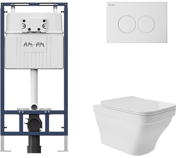 Комплект AM.PM MasterFit инсталляция для подвесного унитаза с клавишей ProC L, белый глянц + унитаз подвесной 520x370 безободковый, сиденье Soft-Close, белый глянцевый, форма квадрат с выступом I012710.0101E0110 1
