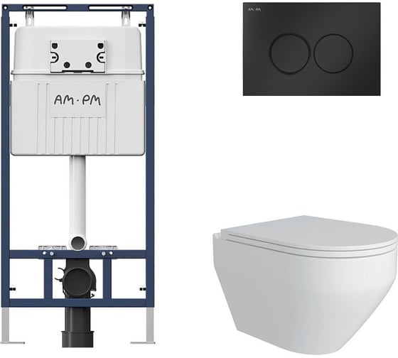 Комплект AM.PM MasterFit инсталляция для подвесного унитаза с клавишей ProC L, матовый черный + FLUIRE 208 унитаз подвесной безободковый, быстросъёмное сиденье с микролифтом, белый глян. I012710.0138AL.FLU40208.W 1