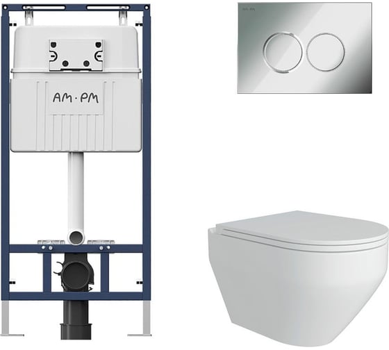 Комплект AM.PM MasterFit инсталляция для подвесного унитаза с клавишей ProC L, хром глянц + FLUIRE 208 унитаз подвесной безободковый, быстросъёмное сиденье с микролифтом, белый глян. I012710.0151AL.FLU40208.W 1