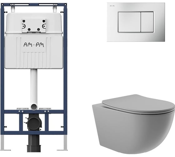 Комплект AM.PM MasterFit инсталляция для подвесного унитаза с клавишей ProC S, матовый хром + унитаз подвесной 525x360 безободковый, сиденье Soft-Close, серый матовый, форма овал I012710.0231O0130 1