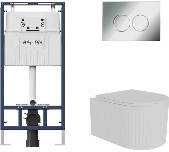 Комплект AM.PM MasterFit инсталляция для подвесного унитаза с клавишей ProC L, хром глянц + FLUIRE 2101 Vortex унитаз подвесной безободковый, быстросъёмное сиденье с микролифтом, белый глян. I012710.0151AL.FLU42101.V.W 1