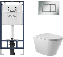 Комплект AM.PM MasterFit инсталляция для подвесного унитаза с клавишей ProC S, хром глянц + унитаз подвесной 525x360 безободковый, сиденье Soft-Close, белый глянцевый, форма конус I012710.0251C0110