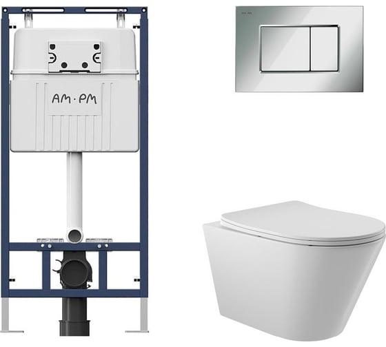 Комплект AM.PM MasterFit инсталляция для подвесного унитаза с клавишей ProC S, хром глянц + унитаз подвесной 525x360 безободковый, сиденье Soft-Close, белый глянцевый, форма конус I012710.0251C0110 1