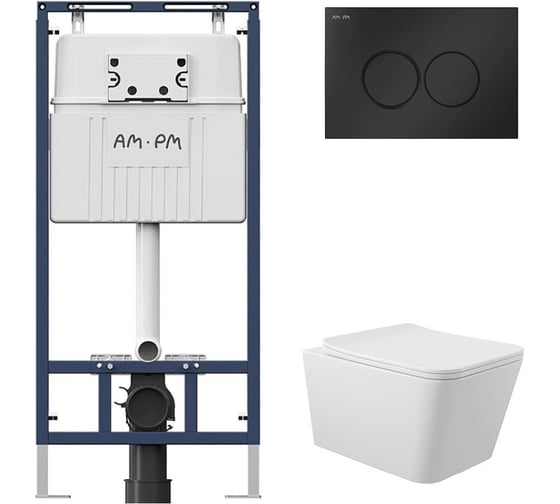 Комплект AM.PM MasterFit инсталляция для подвесного унитаза с клавишей ProC L, матовый черный + унитаз подвесной Long 525x345 безободковый, Vortex, сиденье Soft-Close, белый глянцевый, форма квадрат I012710.0138QV2110 1