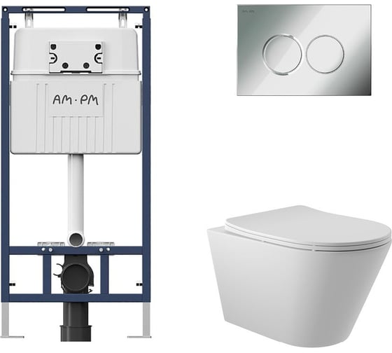 Комплект AM.PM MasterFit инсталляция для подвесного унитаза с клавишей ProC L, хром глянц + унитаз подвесной 525x360 безободковый, сиденье Soft-Close, белый матовый, форма конус I012710.0151C0120 1