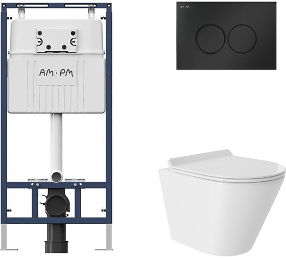 Комплект AM.PM MasterFit инсталляция для подвесного унитаза с клавишей ProC L, матовый черный + унитаз подвесной 480x360 безободковый, Vortex, сиденье Soft-Close, белый глянцевый, форма конус I012710.0138CV0110 1