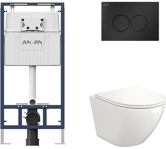 Комплект AM.PM MasterFit инсталляция для подвесного унитаза с клавишей ProC L, матовый черный + FLUIRE 110 Vortex унитаз подвесной безободковый, быстросъёмное сиденье с микролифтом, белый глян. I012710.0138AL.FLU40110.V.W 1