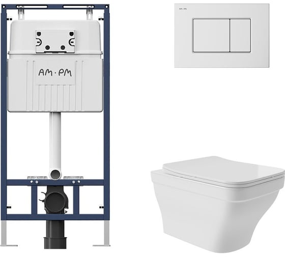 Комплект AM.PM MasterFit инсталляция для подвесного унитаза с клавишей ProC S, белый глянц + унитаз подвесной 520x370 безободковый, сиденье Soft-Close, белый глянцевый, форма квадрат с выступом I012710.0201E0110 1