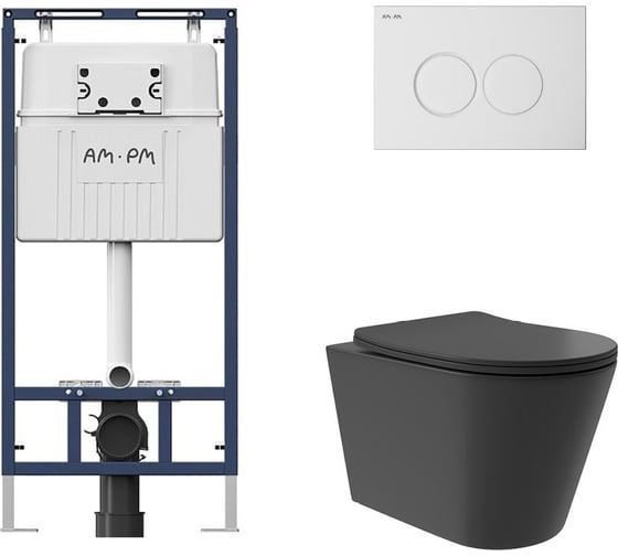 Комплект AM.PM MasterFit инсталляция для подвесного унитаза с клавишей ProC L, белый глянц + унитаз подвесной Long 520x365 безободковый, Vortex, сиденье Soft-Close, черный матовый, форма конус I012710.0101CV0240 1