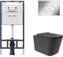 Комплект AM.PM MasterFit инсталляция для подвесного унитаза с клавишей ProC L, хром глянц + унитаз подвесной Long 525x345 безободковый, Vortex, сиденье Soft-Close, черный матовый, форма квадрат I012710.0151QV0240