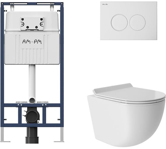 Комплект AM.PM MasterFit инсталляция для подвесного унитаза с клавишей ProC L, белый глянц + унитаз подвесной 480x360 безободковый, Vortex, сиденье Soft-Close, белый глянцевый, форма овал I012710.0101OV0110 1