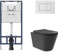 Комплект AM.PM MasterFit инсталляция для подвесного унитаза с клавишей ProC S, белый глянц + унитаз подвесной Long 520x365 безободковый, Vortex, сиденье Soft-Close, черный матовый, форма конус I012710.0201CV0240