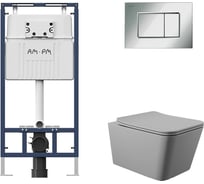 Комплект AM.PM MasterFit инсталляция для подвесного унитаза с клавишей ProC S, хром глянц + унитаз подвесной 520x370 безободковый, сиденье Soft-Close, серый матовый, форма квадрат I012710.0251Q0130