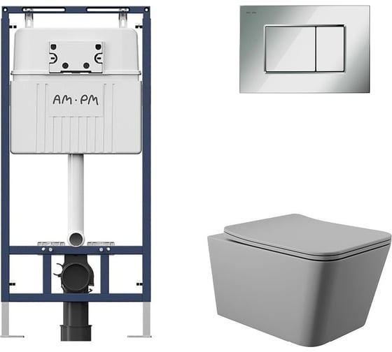 Комплект AM.PM MasterFit инсталляция для подвесного унитаза с клавишей ProC S, хром глянц + унитаз подвесной 520x370 безободковый, сиденье Soft-Close, серый матовый, форма квадрат I012710.0251Q0130 1