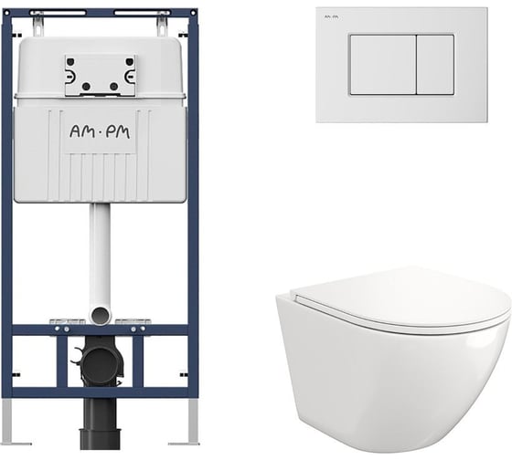 Комплект AM.PM MasterFit инсталляция для подвесного унитаза с клавишей ProC S, белый глянц + FLUIRE 110 Vortex унитаз подвесной безободковый, быстросъёмное сиденье с микролифтом, белый глян. I012710.0201AL.FLU40110.V.W 1