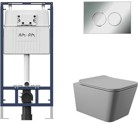 Комплект AM.PM MasterFit инсталляция для подвесного унитаза с клавишей ProC L, хром глянц + унитаз подвесной 520x370 безободковый, сиденье Soft-Close, серый матовый, форма квадрат I012710.0151Q0130 1