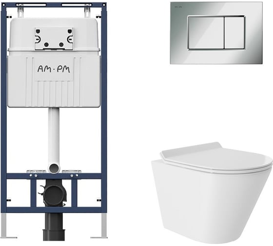 Комплект AM.PM MasterFit инсталляция для подвесного унитаза с клавишей ProC S, хром глянц + унитаз подвесной 480x360 безободковый, Vortex, сиденье Soft-Close, белый глянцевый, форма конус I012710.0251CV0110 1