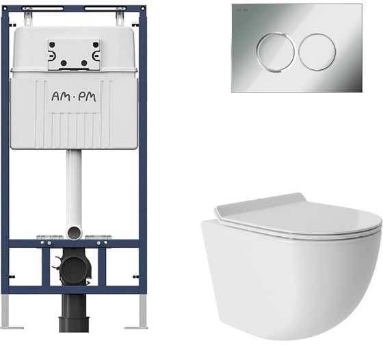 Комплект AM.PM MasterFit инсталляция для подвесного унитаза с клавишей ProC L, хром глянц + унитаз подвесной 480x360 безободковый, Vortex, сиденье Soft-Close, белый глянцевый, форма овал I012710.0151OV0110 1