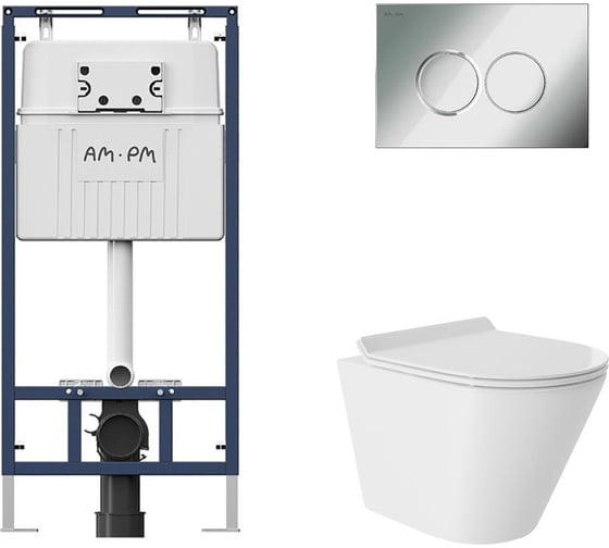 Комплект AM.PM MasterFit инсталляция для подвесного унитаза с клавишей ProC L, хром глянц + унитаз подвесной 480x360 безободковый, Vortex, сиденье Soft-Close, белый глянцевый, форма конус I012710.0151CV0110 1