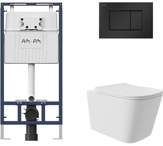 Комплект AM.PM MasterFit инсталляция для подвесного унитаза с клавишей ProC S, матовый черный + унитаз подвесной Long 525x345 безободковый, Vortex, сиденье Soft-Close, белый матовый, форма квадрат I012710.0238QV0220 1