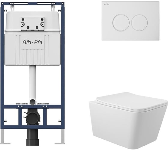 Комплект AM.PM MasterFit инсталляция для подвесного унитаза с клавишей ProC L, белый глянц + унитаз подвесной 520x370 безободковый, сиденье Soft-Close, белый глянцевый, форма квадрат I012710.0101Q0110 1