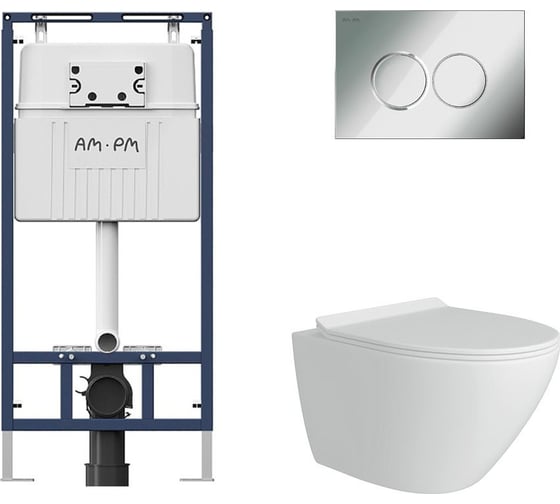 Комплект AM.PM MasterFit инсталляция для подвесного унитаза с клавишей ProC L, хром глянц + FLUIRE унитаз подвесной безободковый, быстросъёмное сиденье с микролифтом, белый глян. I012710.0151AL.FLU40106.W 1