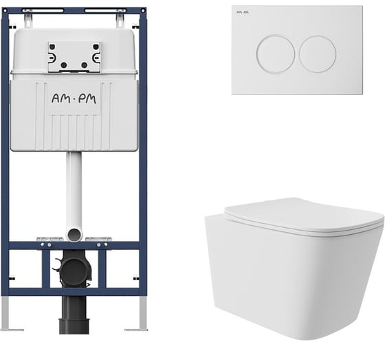 Комплект AM.PM MasterFit инсталляция для подвесного унитаза с клавишей ProC L, белый глянц + унитаз подвесной Long 525x345 безободковый, Vortex, сиденье Soft-Close, белый матовый, форма квадрат I012710.0101QV0220 1