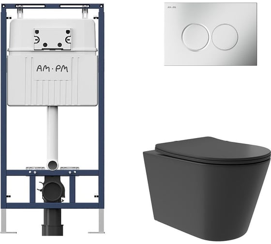 Комплект AM.PM MasterFit инсталляция для подвесного унитаза с клавишей ProC L, матовый хром + унитаз подвесной Long 520x365 безободковый, Vortex, сиденье Soft-Close, черный матовый, форма конус I012710.0131CV0240 1