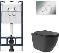 Комплект AM.PM MasterFit инсталляция для подвесного унитаза с клавишей ProC L, хром глянц + унитаз подвесной Long 520x365 безободковый, Vortex, сиденье Soft-Close, черный матовый, форма овал I012710.0151OV0240